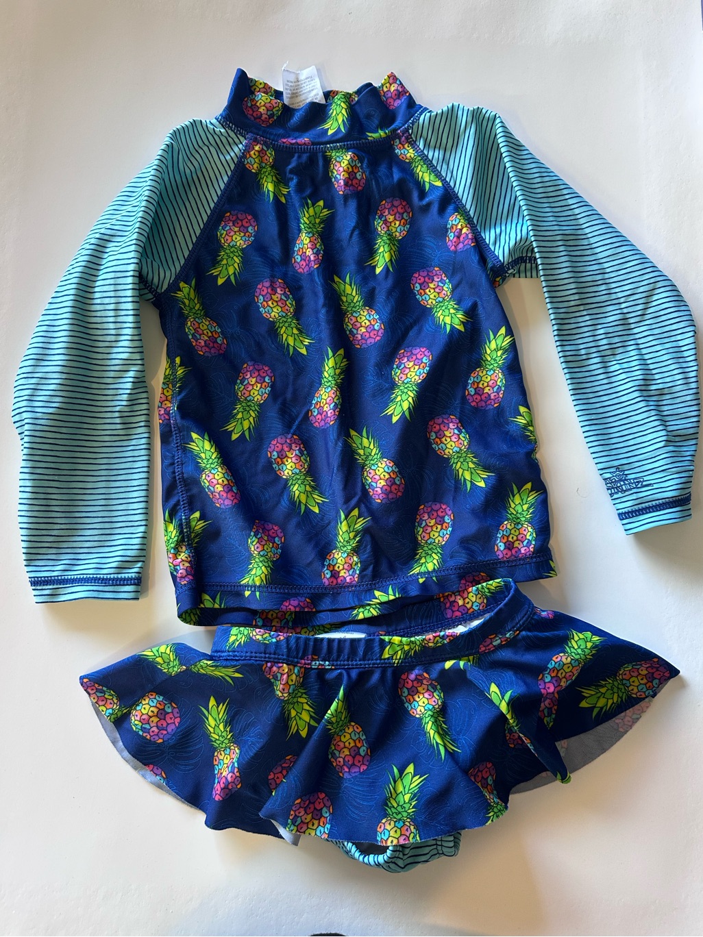 Uv Skinz Kids Navy Pineapple Rashguard Set With Teal Striped Sleeves, Two Piece